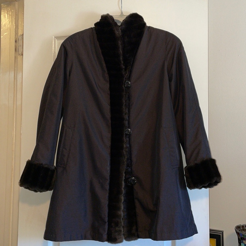 HP 🎉 Gallery Dark Brown Faux Fur Lined Waterproof Coat. Women’s Petite Small.